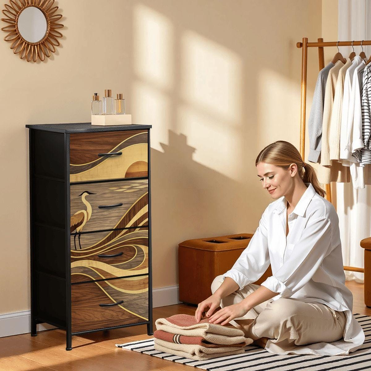 Japanese Bedroom Dresser Tall Narrow Storage Unit Fabric Drawer Organizer Chest Wave Pattern Crane Artwork Furniture Asian Style Cabinet
