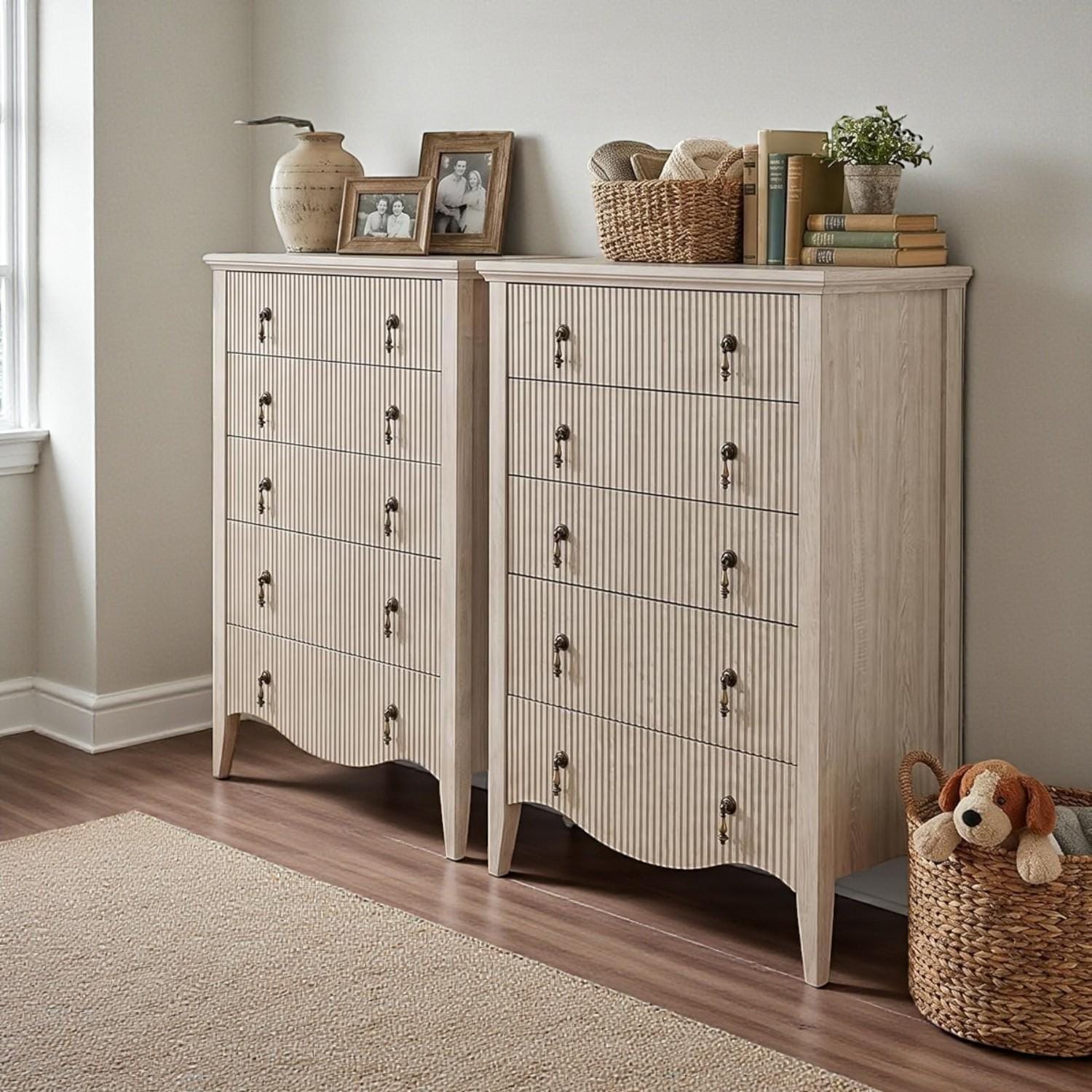 Tall Fluted 5 Drawer Dresser Vintage Dark Brown Chest Storage Cabinet