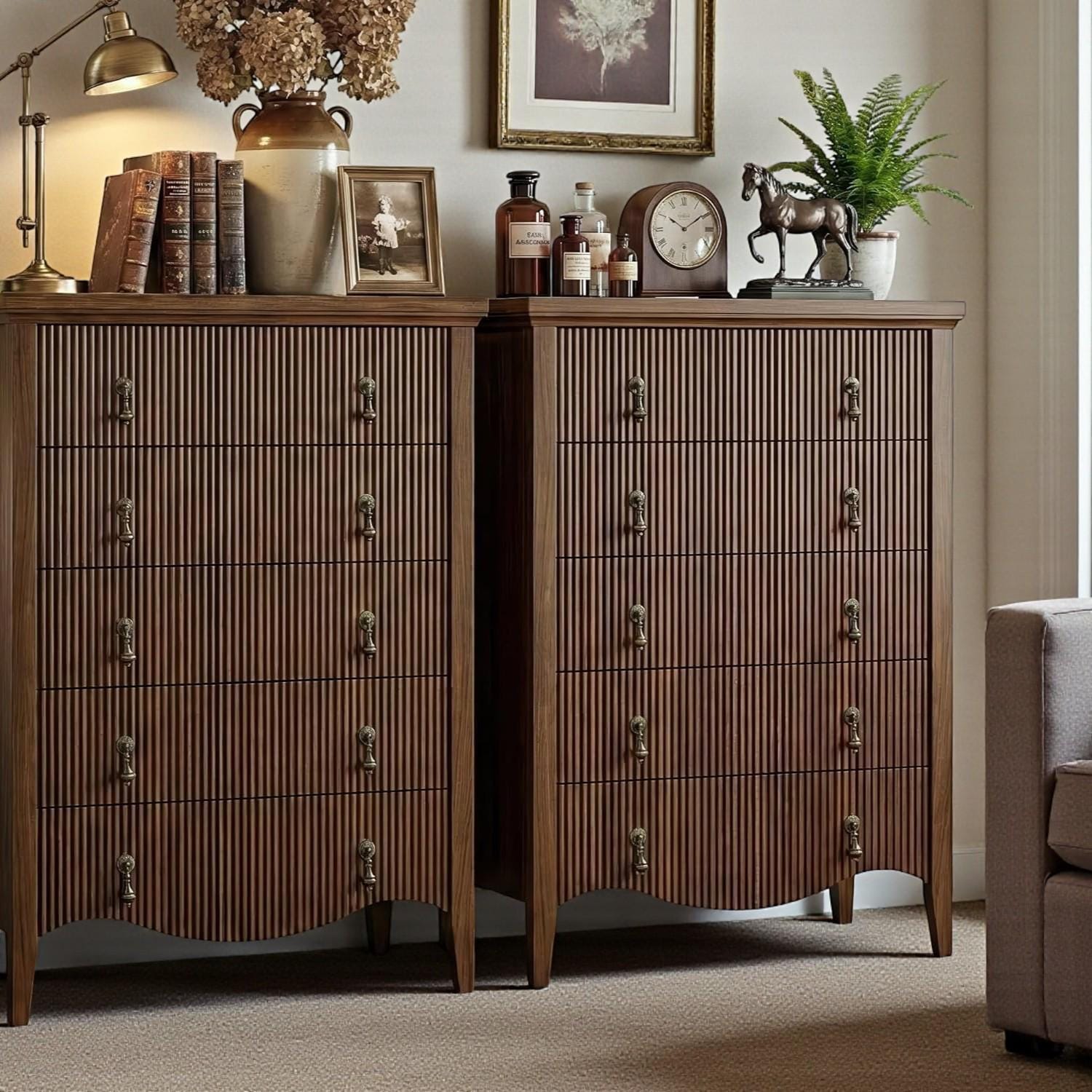 Tall Fluted 5 Drawer Dresser Vintage Dark Brown Chest Storage Cabinet