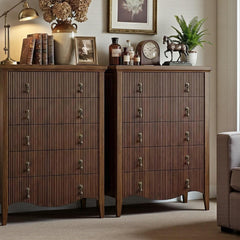 Tall Fluted 5 Drawer Dresser Vintage Dark Brown Chest Storage Cabinet