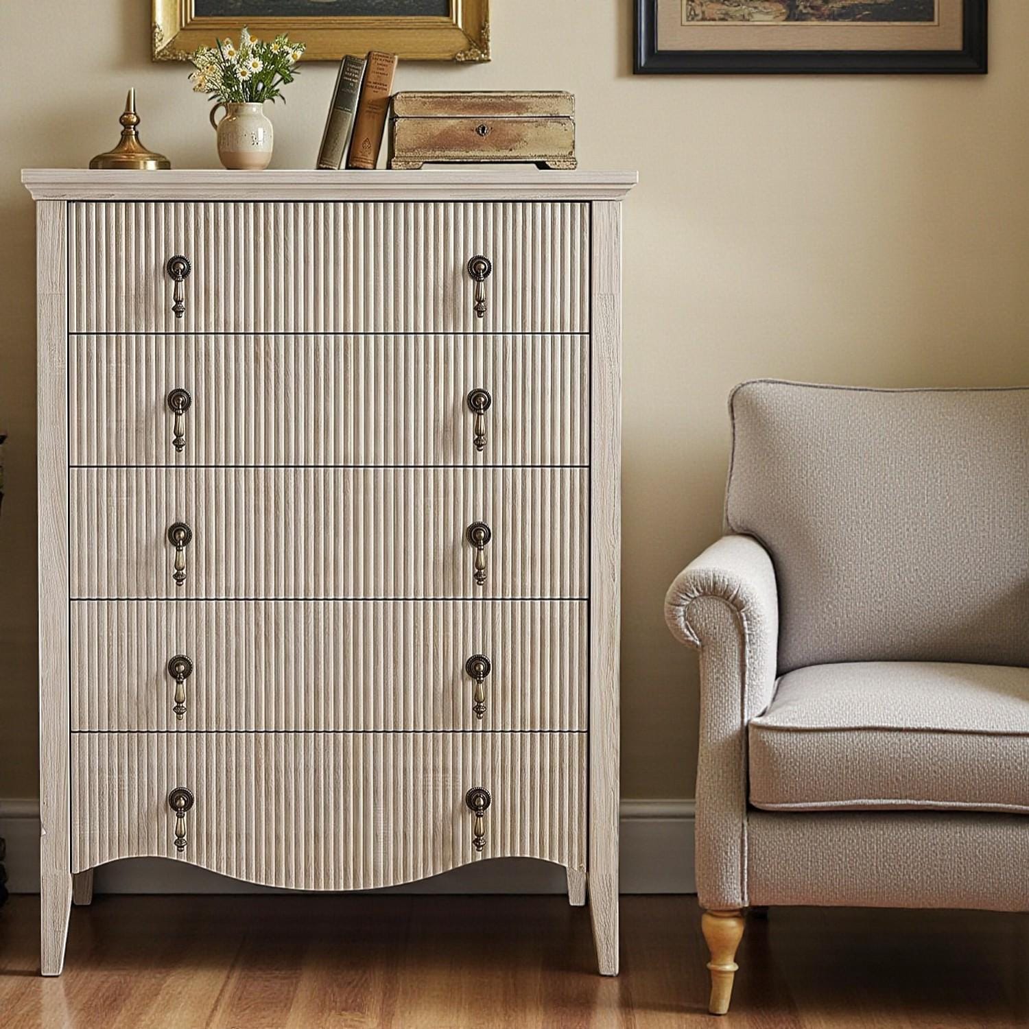 Tall Fluted 5 Drawer Dresser Vintage Dark Brown Chest Storage Cabinet