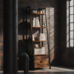 5 Tier Ladder Shelf with Drawer, Rustic Bookshelf, Narrow Storage Rack, Freestanding Bookcase, Plant Stand, Home Office Decor