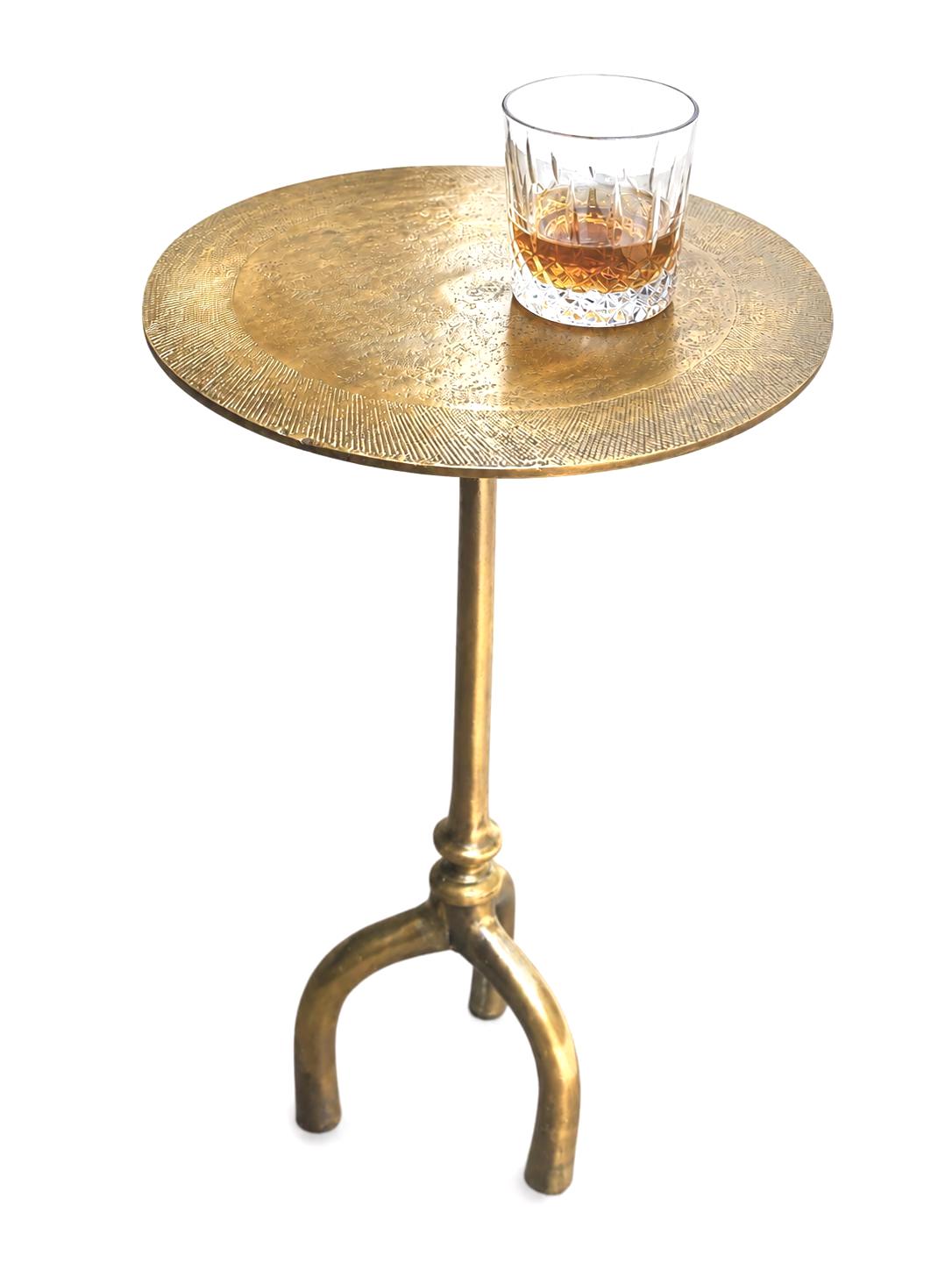 Round Brass Side Table with Lines Textured Top