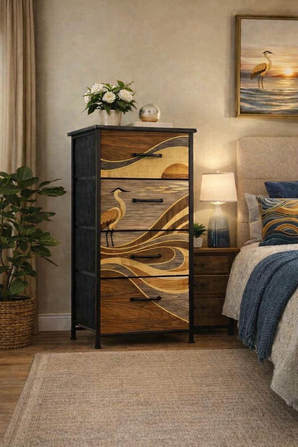 Japanese Bedroom Dresser Tall Narrow Storage Unit Fabric Drawer Organizer Chest Wave Pattern Crane Artwork Furniture Asian Style Cabinet