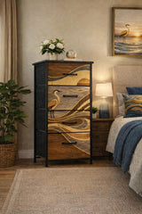 Japanese Bedroom Dresser Tall Narrow Storage Unit Fabric Drawer Organizer Chest Wave Pattern Crane Artwork Furniture Asian Style Cabinet
