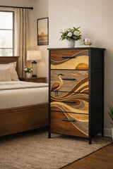 Japanese Bedroom Dresser Tall Narrow Storage Unit Fabric Drawer Organizer Chest Wave Pattern Crane Artwork Furniture Asian Style Cabinet