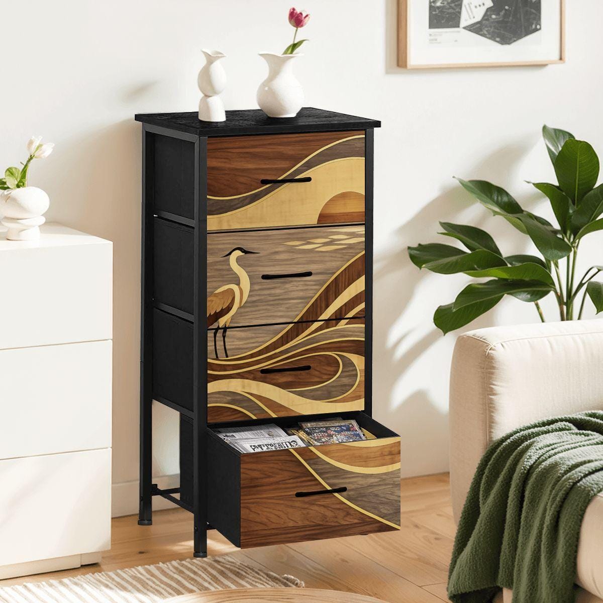 Japanese Bedroom Dresser Tall Narrow Storage Unit Fabric Drawer Organizer Chest Wave Pattern Crane Artwork Furniture Asian Style Cabinet