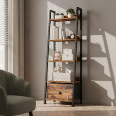 5 Tier Ladder Shelf with Drawer, Rustic Bookshelf, Narrow Storage Rack, Freestanding Bookcase, Plant Stand, Home Office Decor