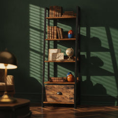 5 Tier Ladder Shelf with Drawer, Rustic Bookshelf, Narrow Storage Rack, Freestanding Bookcase, Plant Stand, Home Office Decor