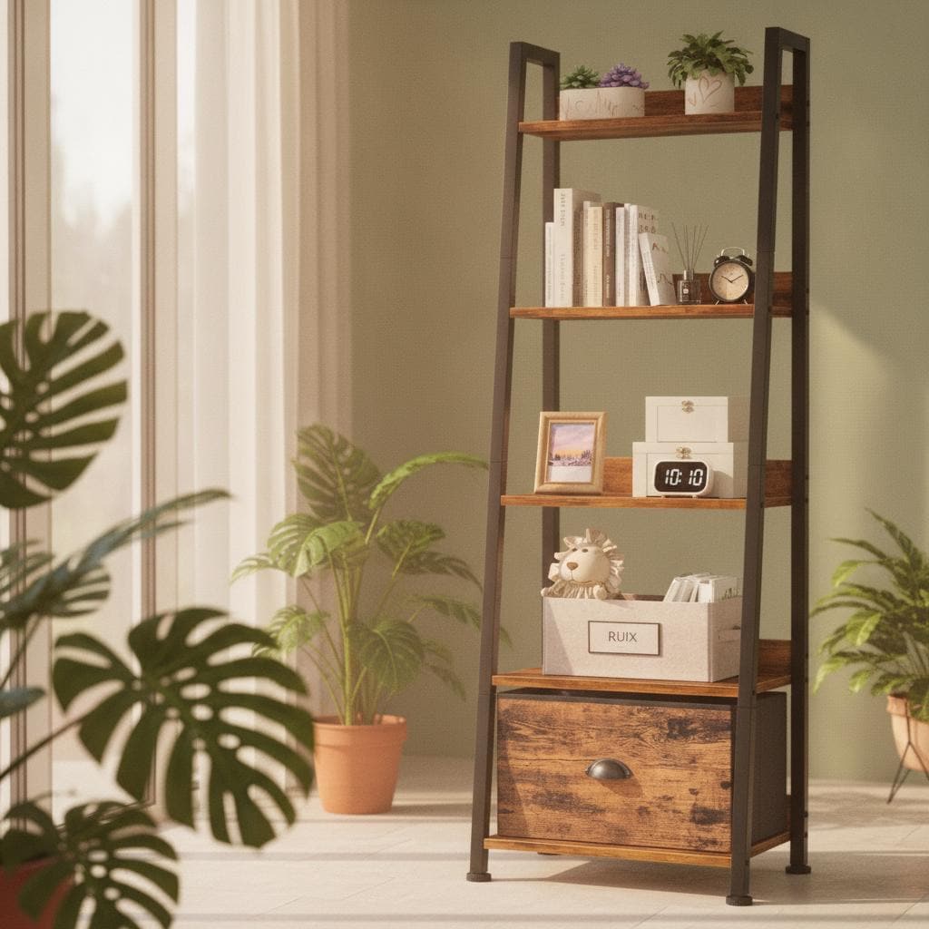 5 Tier Ladder Shelf with Drawer, Rustic Bookshelf, Narrow Storage Rack, Freestanding Bookcase, Plant Stand, Home Office Decor