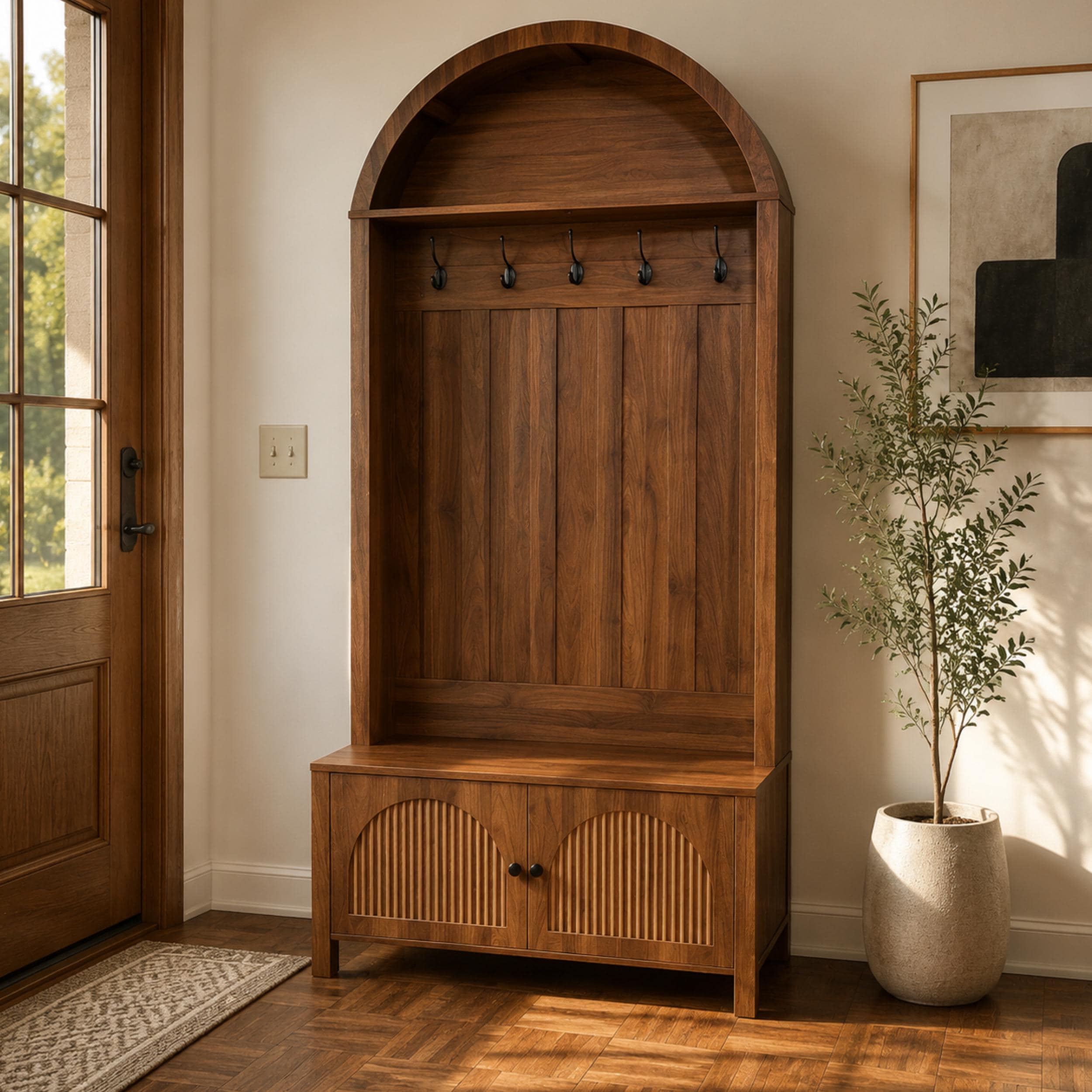 Farmhouse Hall Tree with Bench & Shoe Storage | Entryway Coat Rack with Hooks