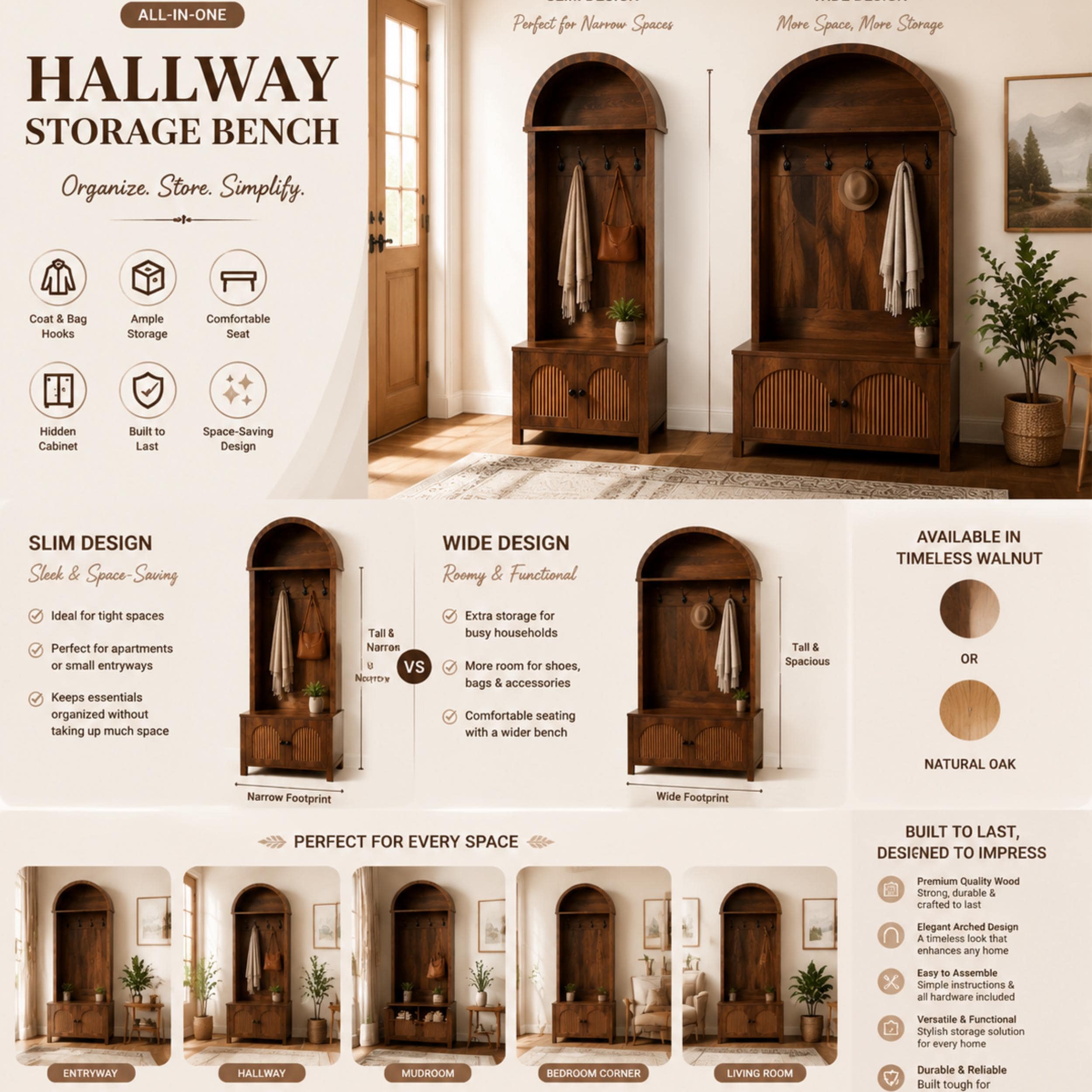 Farmhouse Hall Tree with Bench & Shoe Storage | Entryway Coat Rack with Hooks