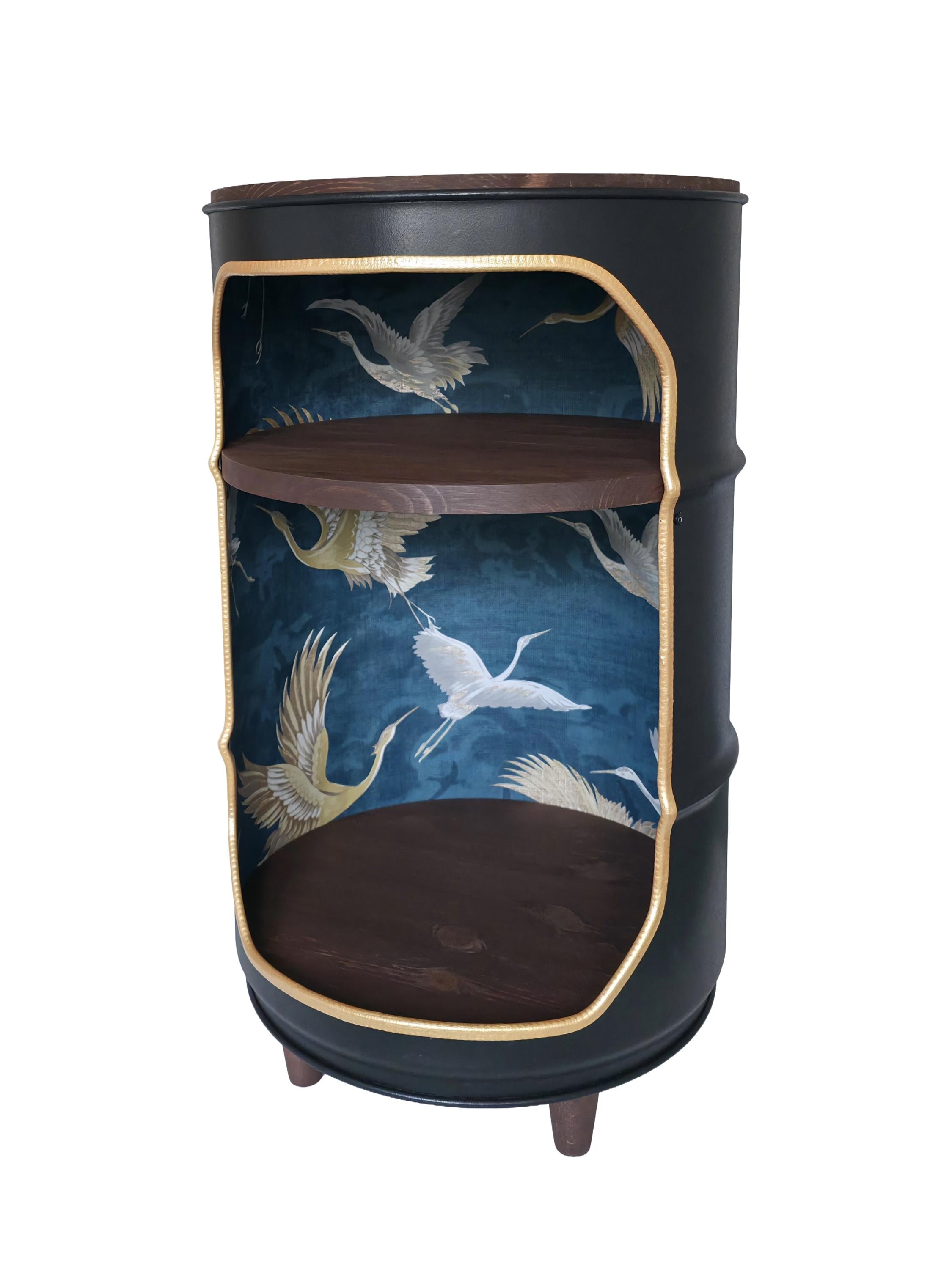 Oil Barrel Drum Cabinet Bedside Table Nightstand Minibar Side End Table Black