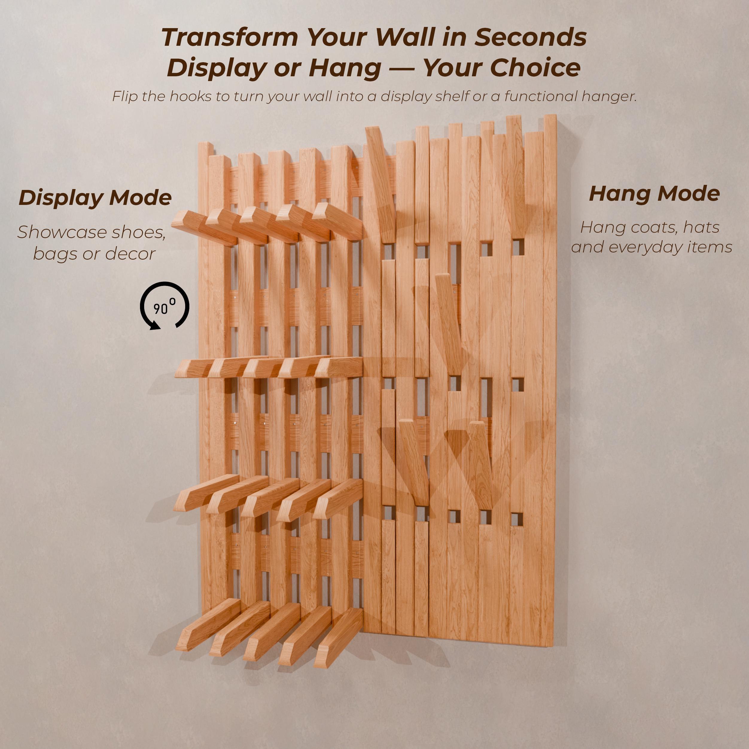 Modern Entryway Organizer | Solid Wood Wall Rack with Hooks | Shoe Storage | Coat Rack | Japandi Storage