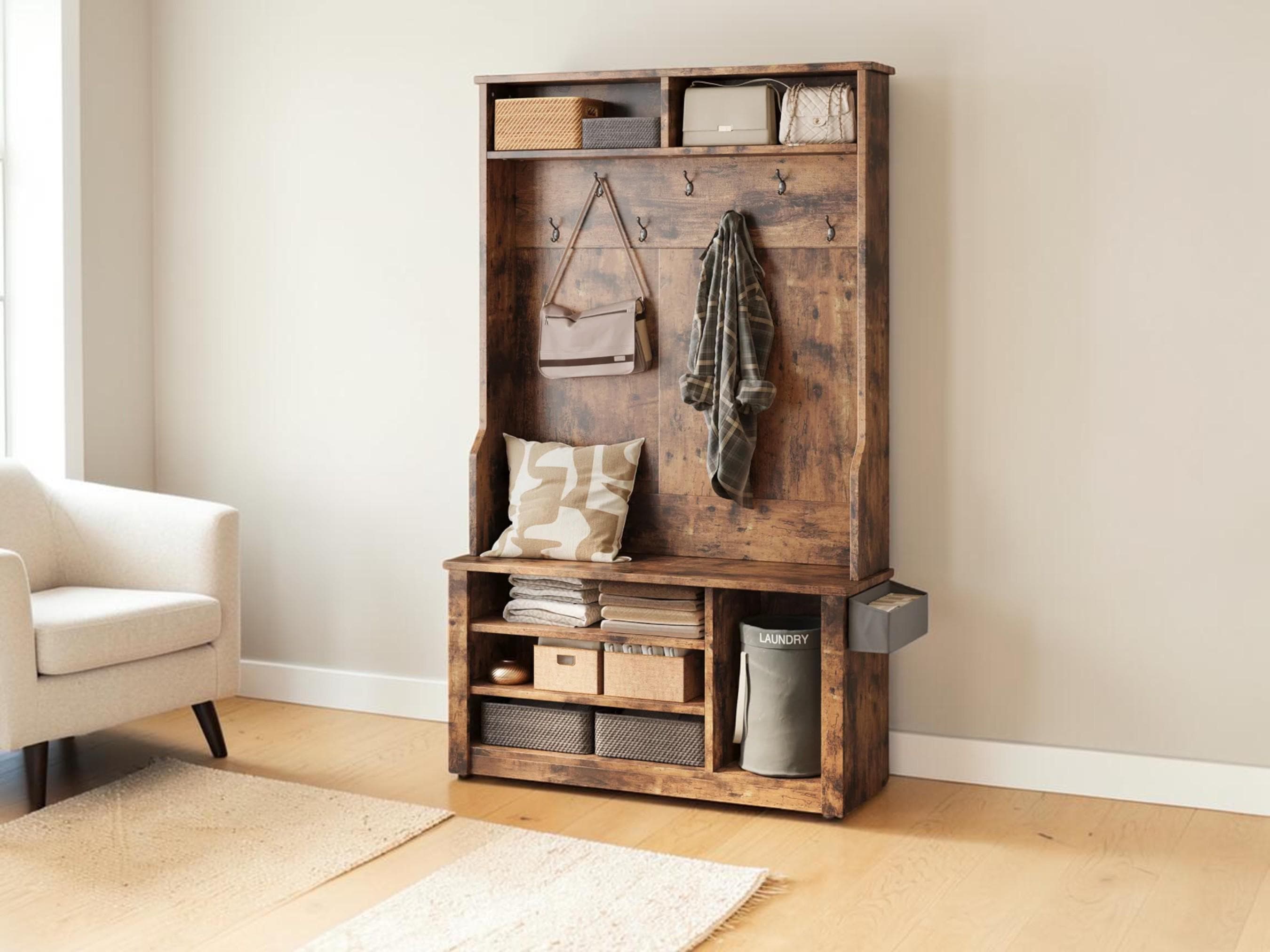 3-in-1 Entryway Hall Tree, Coat Rack, Bench, Shoe Storage, MDF Organization