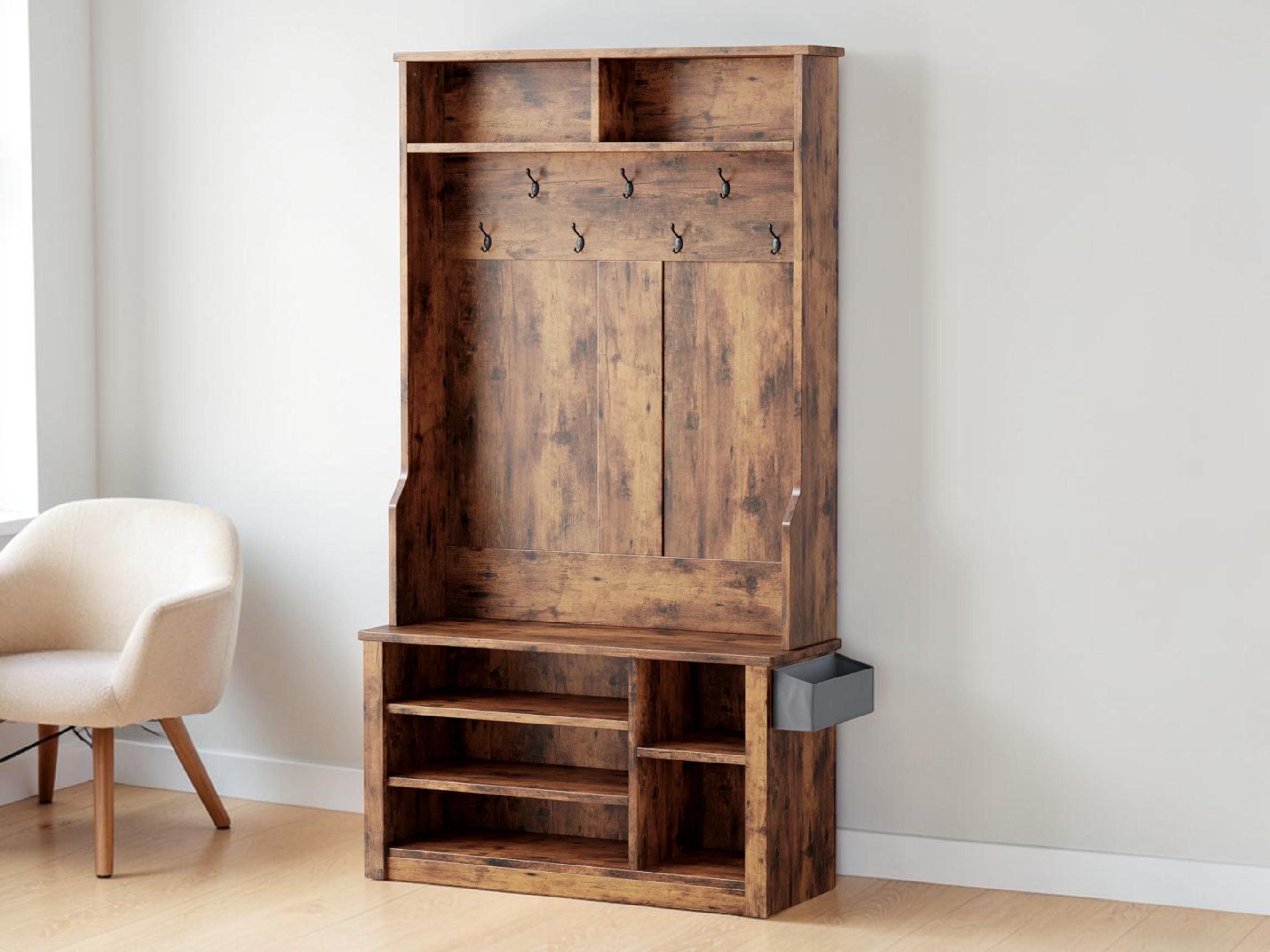 3-in-1 Entryway Hall Tree, Coat Rack, Bench, Shoe Storage, MDF Organization