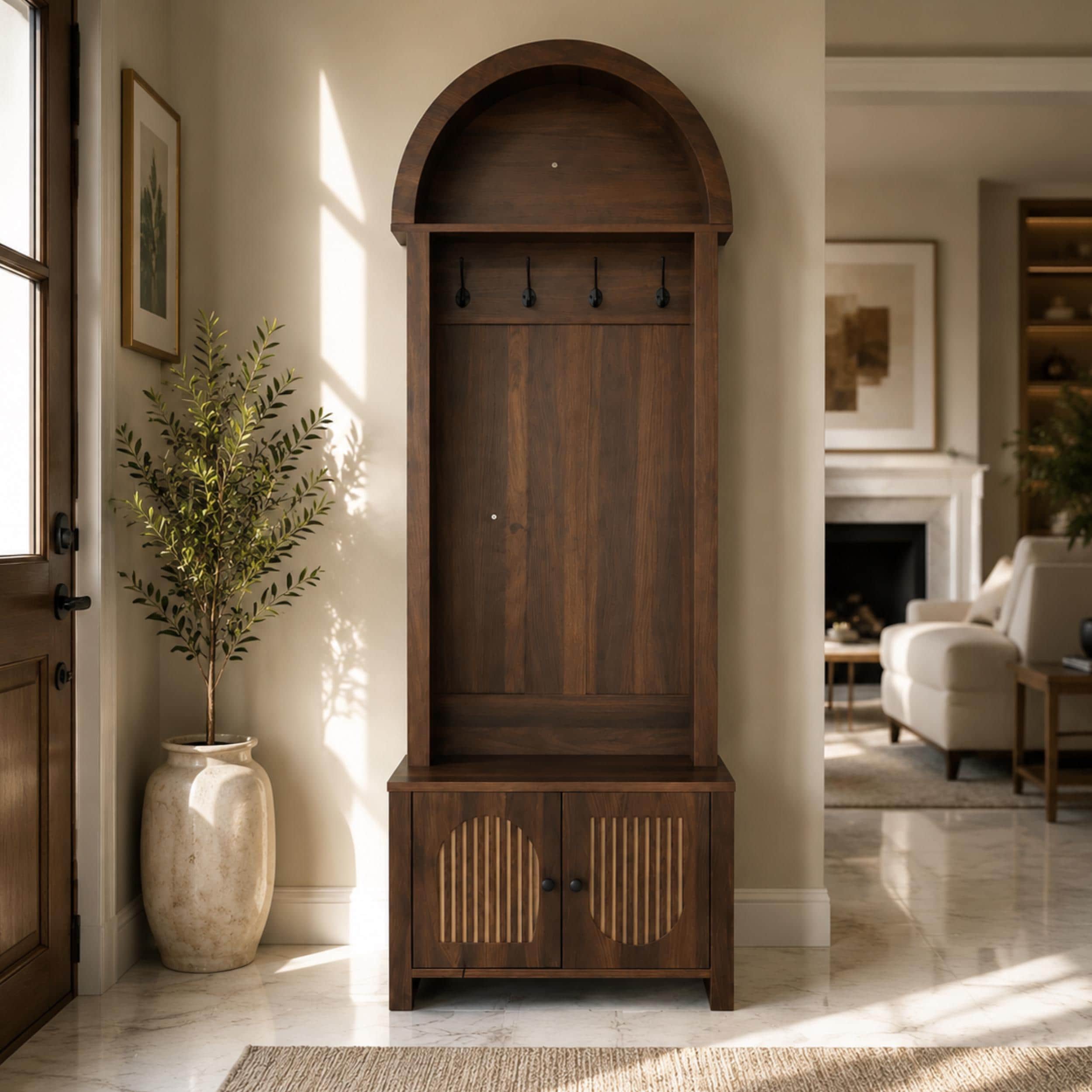 Farmhouse Hall Tree with Bench & Shoe Storage | Entryway Coat Rack with Hooks