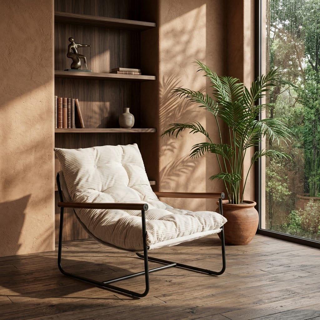 Modern Corduroy Accent Chair, Green Cozy Armchair with Wooden Armrests, Minimalist Living Room Lounge Seating, Comfy Bedroom Reading Chair