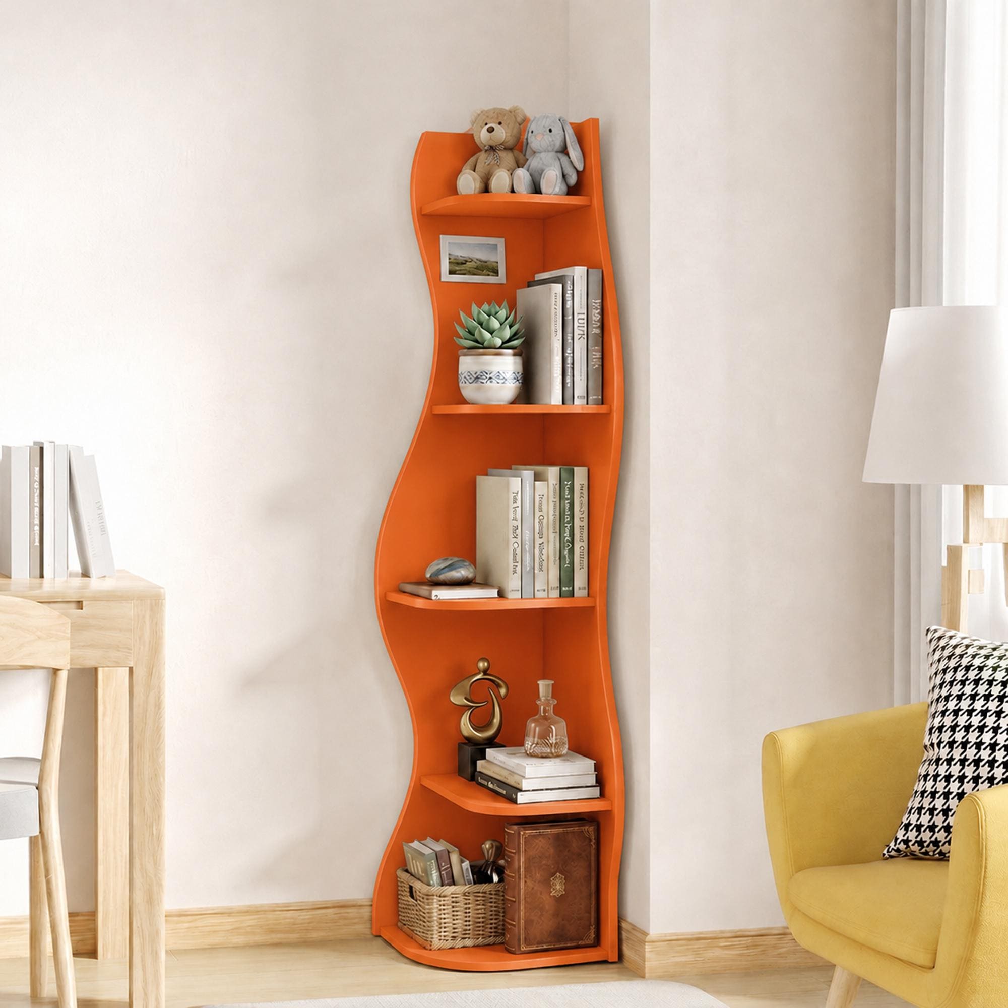 S-Shaped Corner Shelf 5-Tier Freestanding Curved Display Rack Space-Saving Corner Bookshelf Home Organizer