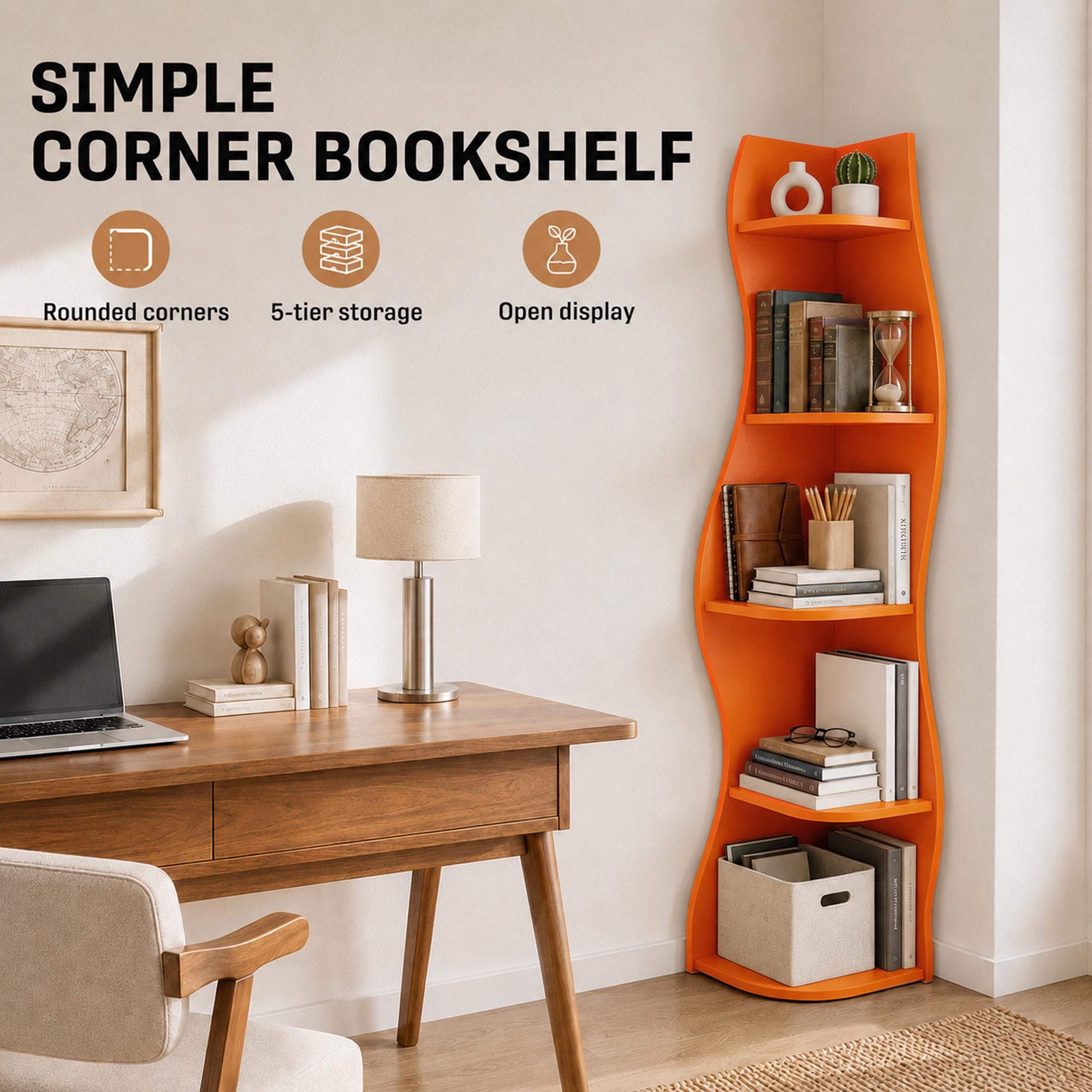 S-Shaped Corner Shelf 5-Tier Freestanding Curved Display Rack Space-Saving Corner Bookshelf Home Organizer