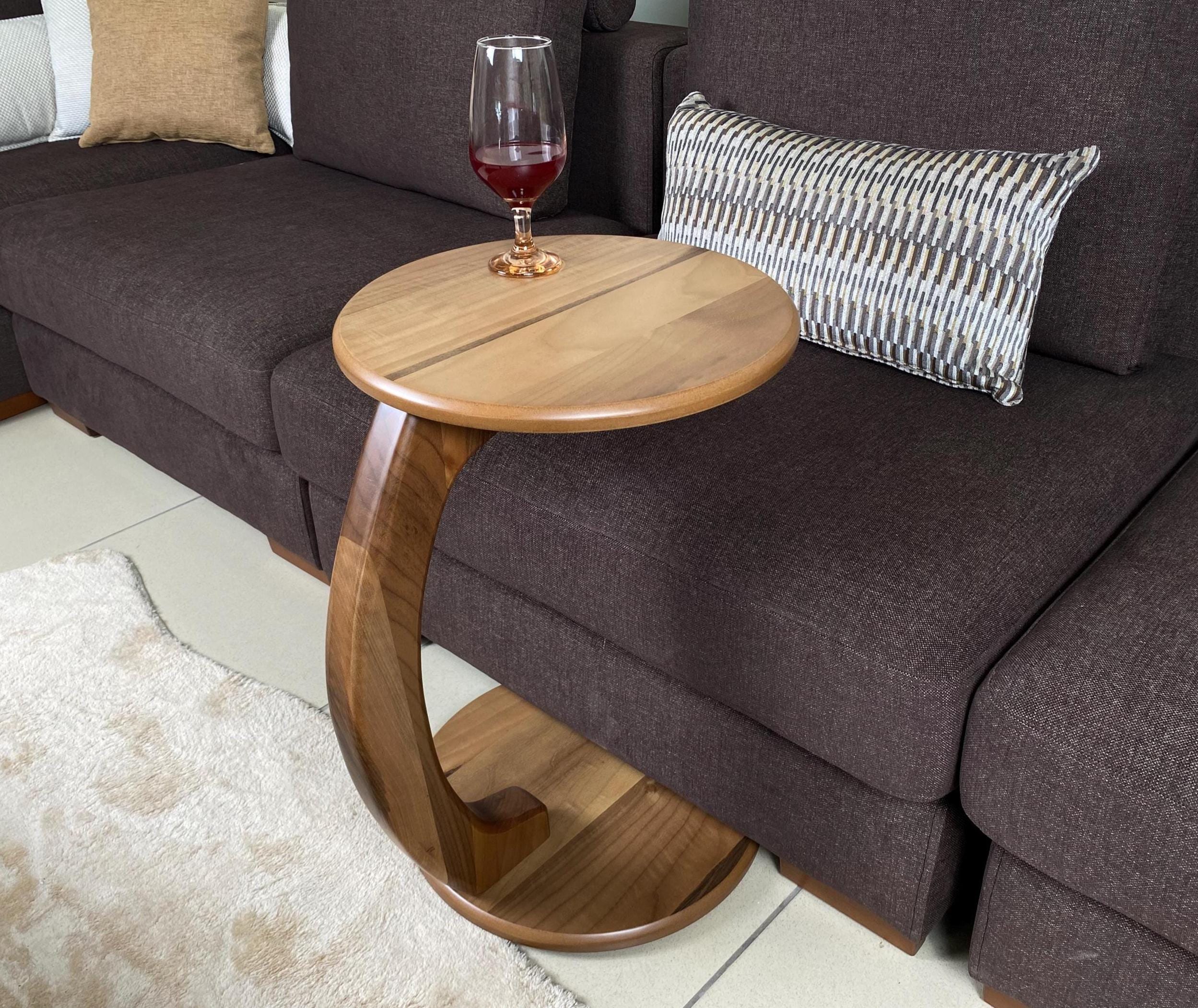 Walnut C Shape Side Table, Solid Wood Leg Rolling Laptop Desk
