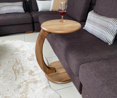 Walnut C Shape Side Table, Solid Wood Leg Rolling Laptop Desk