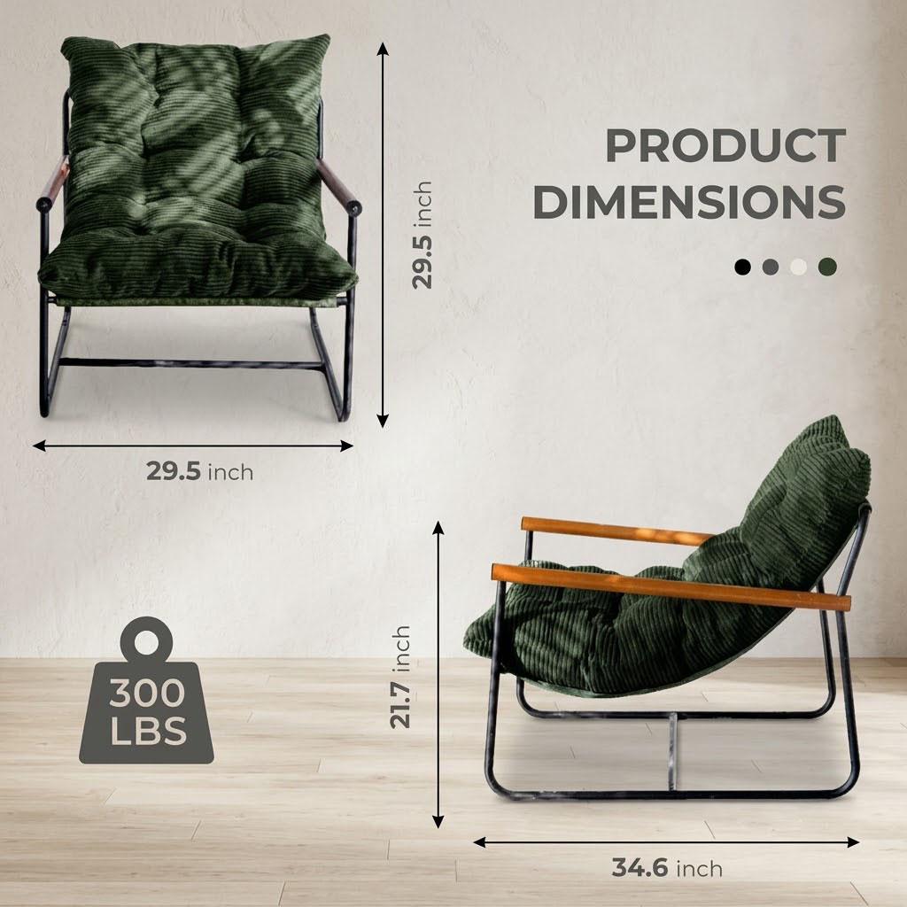 Modern Corduroy Accent Chair, Green Cozy Armchair with Wooden Armrests, Minimalist Living Room Lounge Seating, Comfy Bedroom Reading Chair