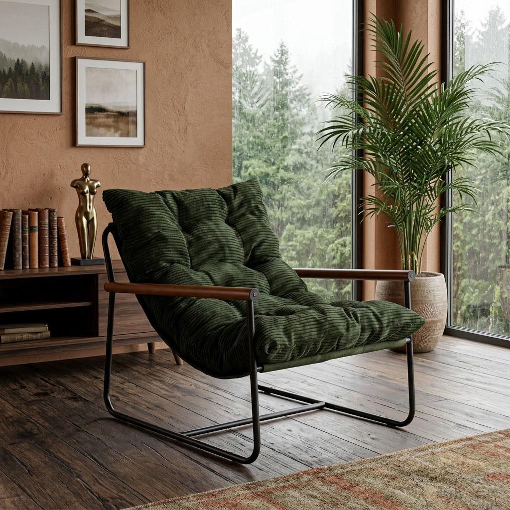 Modern Corduroy Accent Chair, Green Cozy Armchair with Wooden Armrests, Minimalist Living Room Lounge Seating, Comfy Bedroom Reading Chair