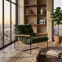 Modern Corduroy Accent Chair, Green Cozy Armchair with Wooden Armrests, Minimalist Living Room Lounge Seating, Comfy Bedroom Reading Chair