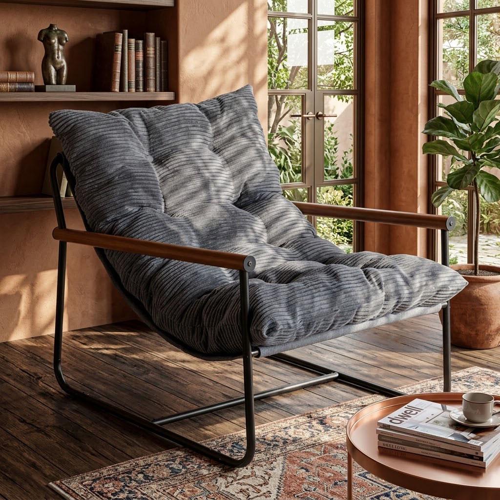 Modern Corduroy Accent Chair, Green Cozy Armchair with Wooden Armrests, Minimalist Living Room Lounge Seating, Comfy Bedroom Reading Chair