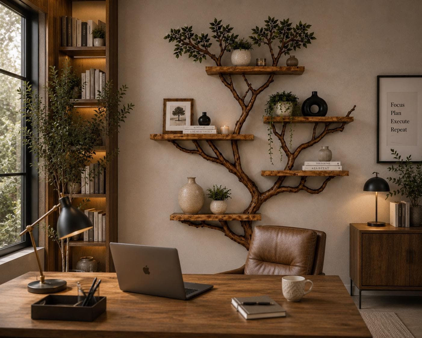 Tree Wall Shelf, Rustic Wooden Floating Shelves, Large Tree Bookshelf, 70 x 55 in
