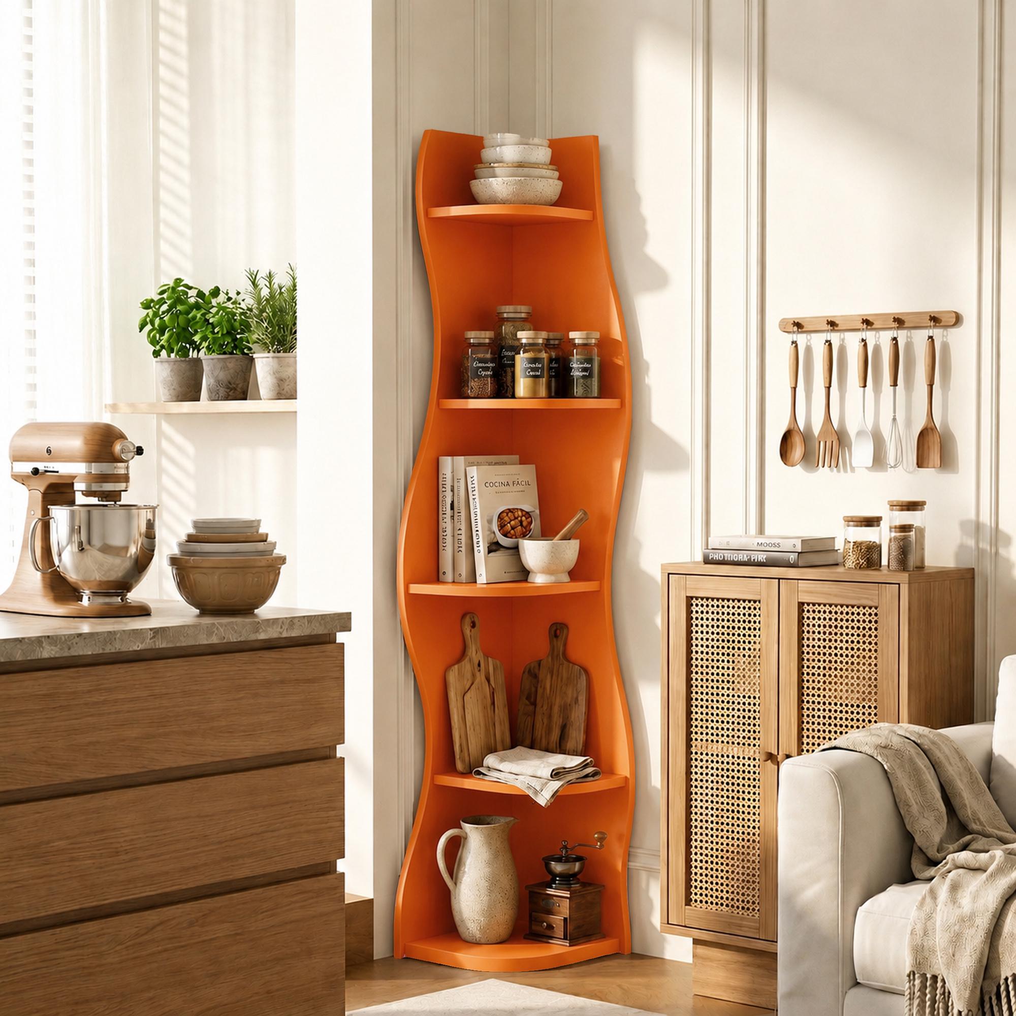 S-Shaped Corner Shelf 5-Tier Freestanding Curved Display Rack Space-Saving Corner Bookshelf Home Organizer