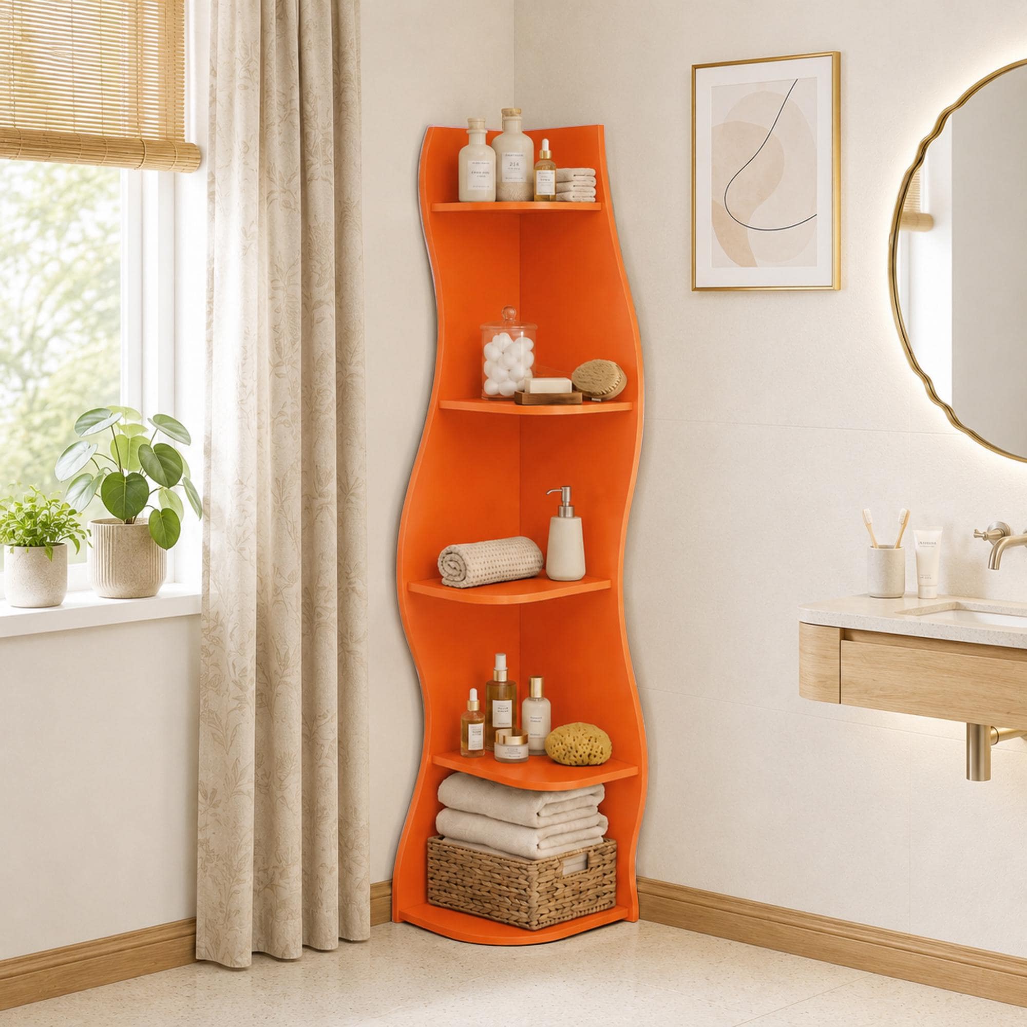 S-Shaped Corner Shelf 5-Tier Freestanding Curved Display Rack Space-Saving Corner Bookshelf Home Organizer