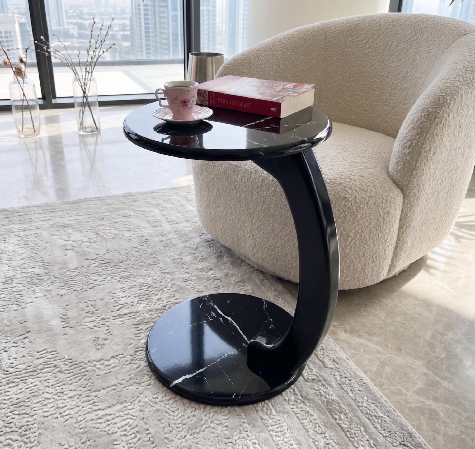 Walnut C Shape Side Table, Solid Wood Leg Rolling Laptop Desk