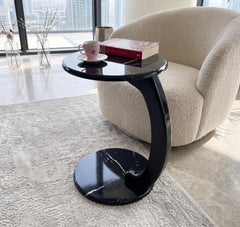 Walnut C Shape Side Table, Solid Wood Leg Rolling Laptop Desk