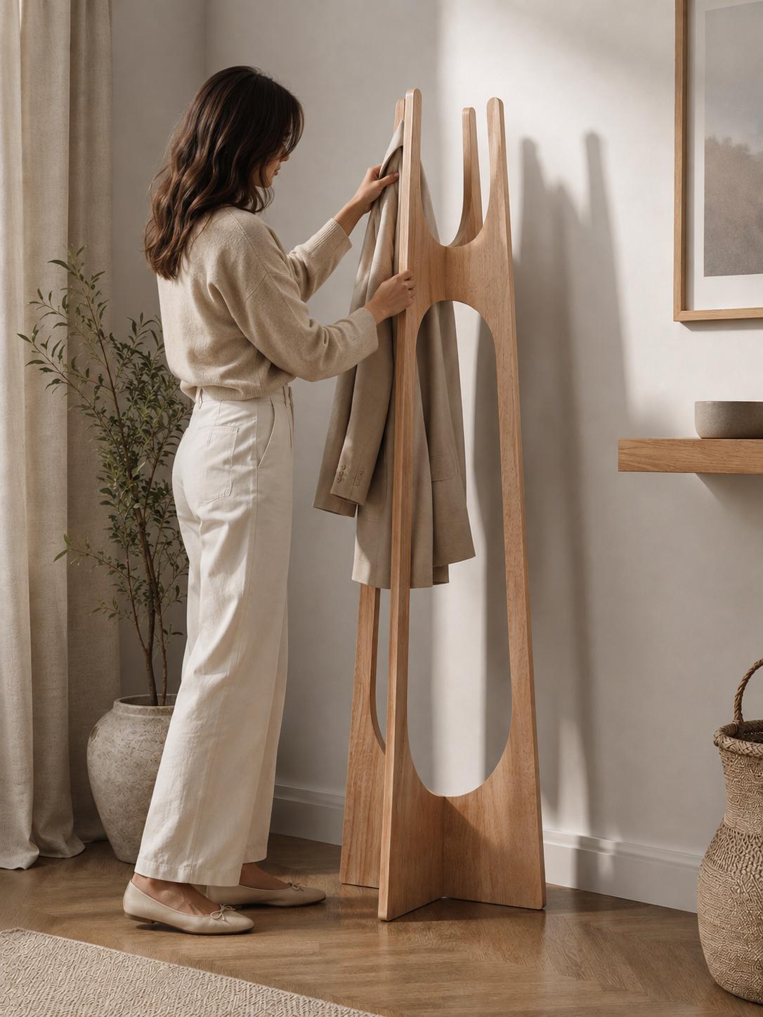 Modern Wooden Coat Rack | Scandinavian Freestanding Coat Stand | Birch Plywood Hall Tree | Minimal Entryway Organizer