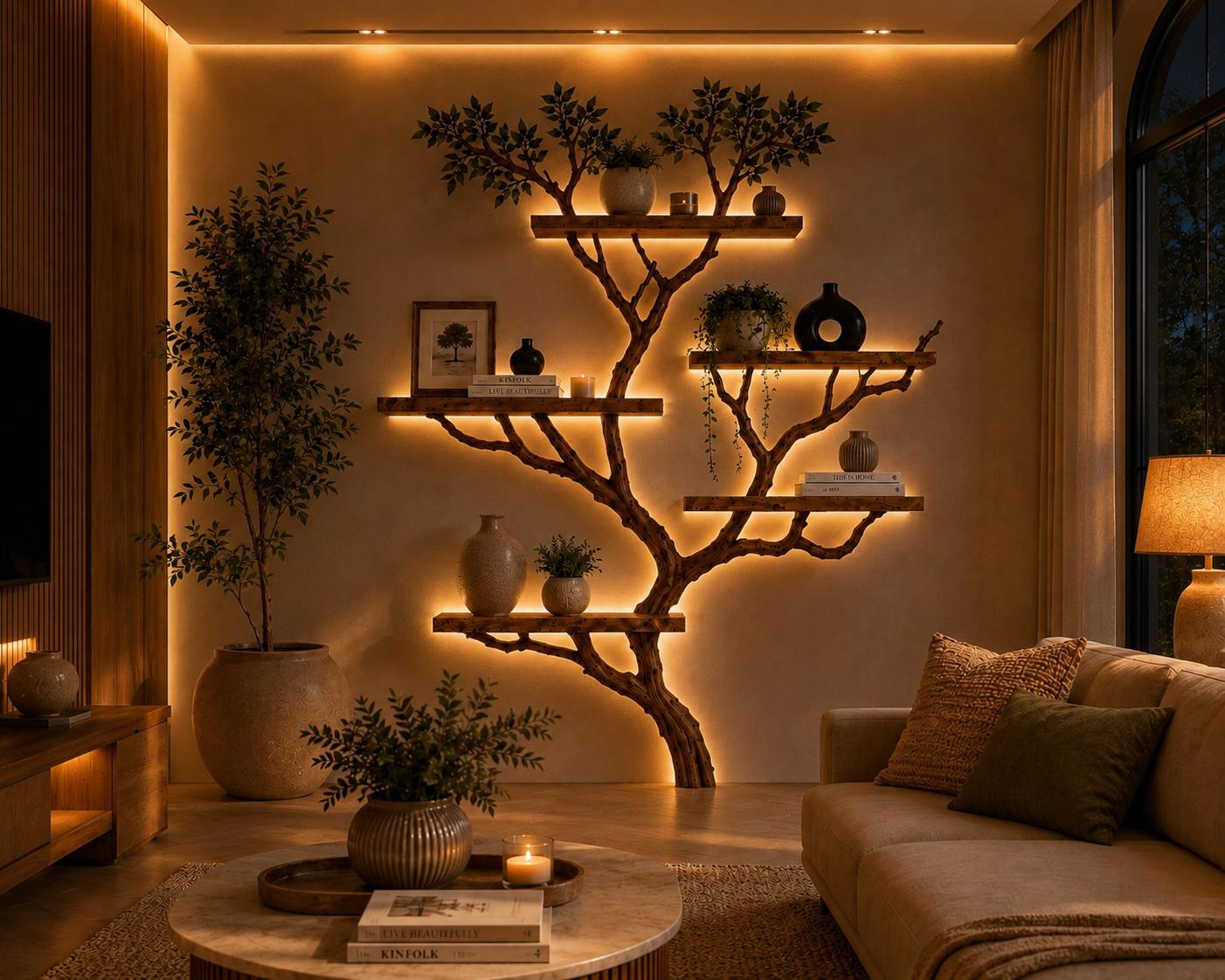 Tree Wall Shelf, Rustic Wooden Floating Shelves, Large Tree Bookshelf, 70 x 55 in