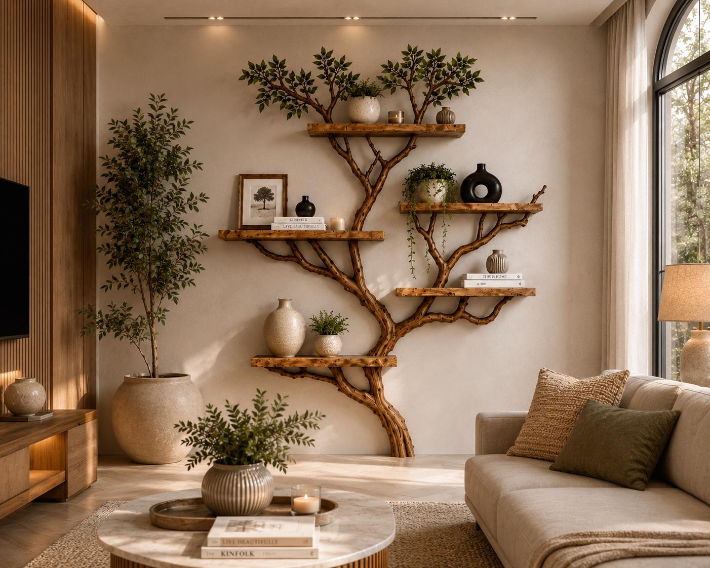 Tree Wall Shelf, Rustic Wooden Floating Shelves, Large Tree Bookshelf, 70 x 55 in