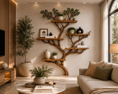 Tree Wall Shelf, Rustic Wooden Floating Shelves, Large Tree Bookshelf, 70 x 55 in