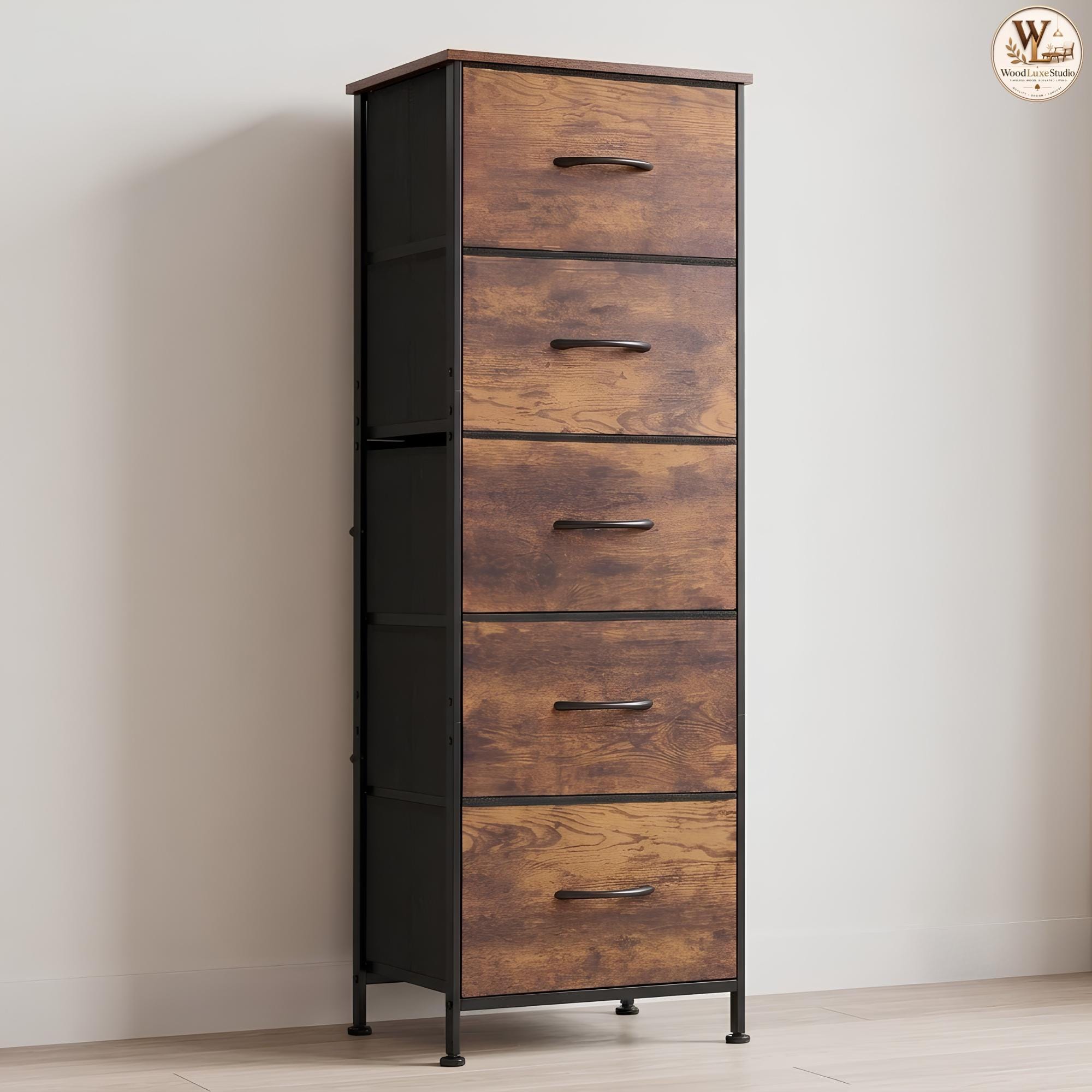 5 Drawer Tall Dresser, Slim Fabric Storage Organizer, Rustic Wood Top, Freestanding Tower