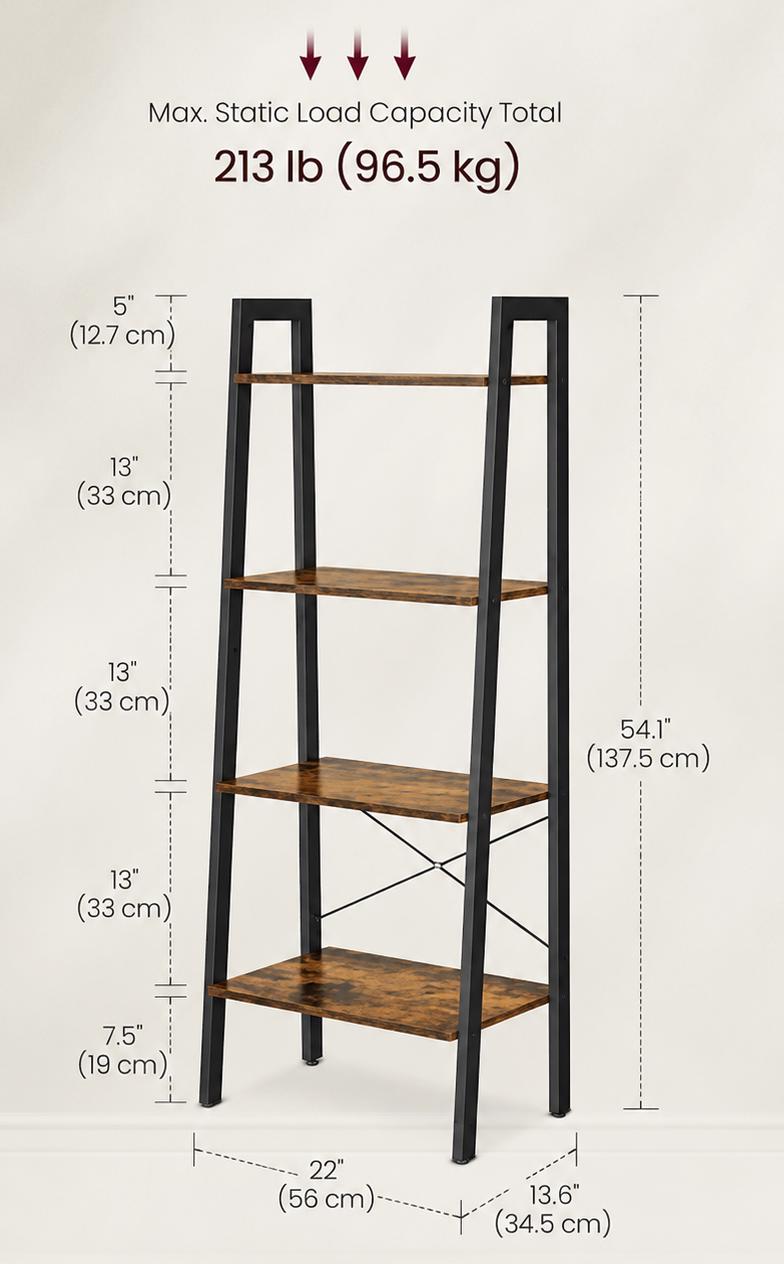 Industrial Ladder Bookshelf, 4 Tier Rustic Brown Storage Shelf