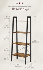Industrial Ladder Bookshelf, 4 Tier Rustic Brown Storage Shelf