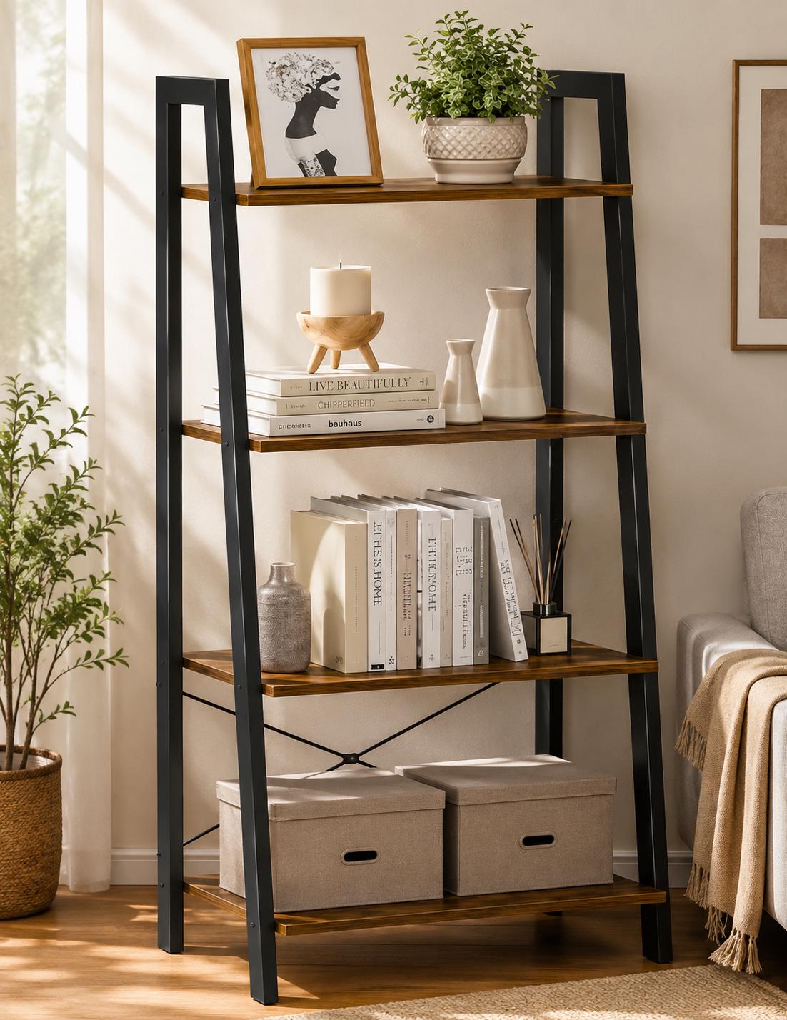Industrial Ladder Bookshelf, 4 Tier Rustic Brown Storage Shelf