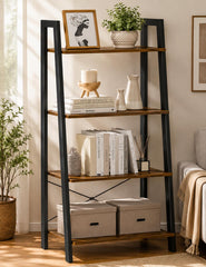 Industrial Ladder Bookshelf, 4 Tier Rustic Brown Storage Shelf