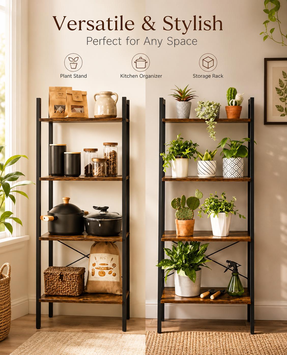 Industrial Ladder Bookshelf, 4 Tier Rustic Brown Storage Shelf