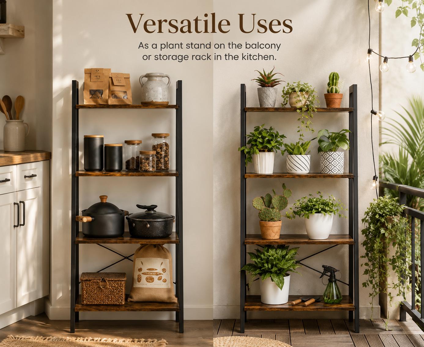 Industrial Ladder Bookshelf, 4 Tier Rustic Brown Storage Shelf