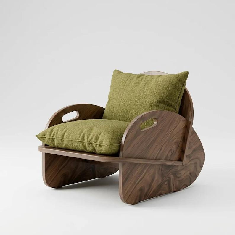 Mid Century Plywood Lounge Chair, Natural Wood Armchair with Linen Cushion