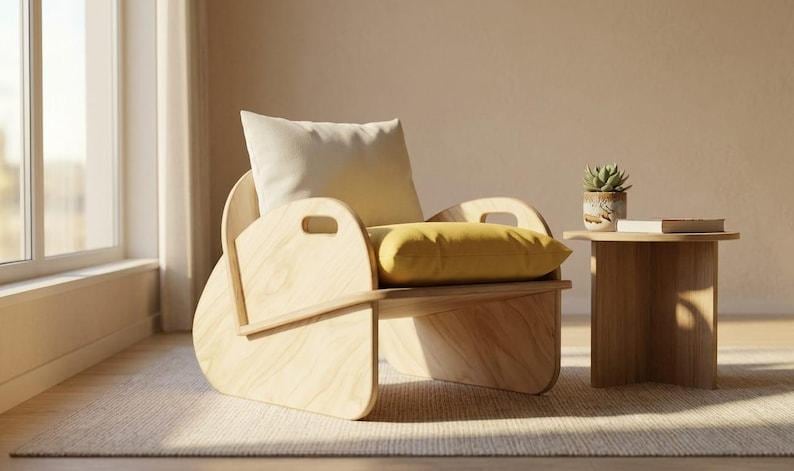 Mid Century Plywood Lounge Chair, Natural Wood Armchair with Linen Cushion