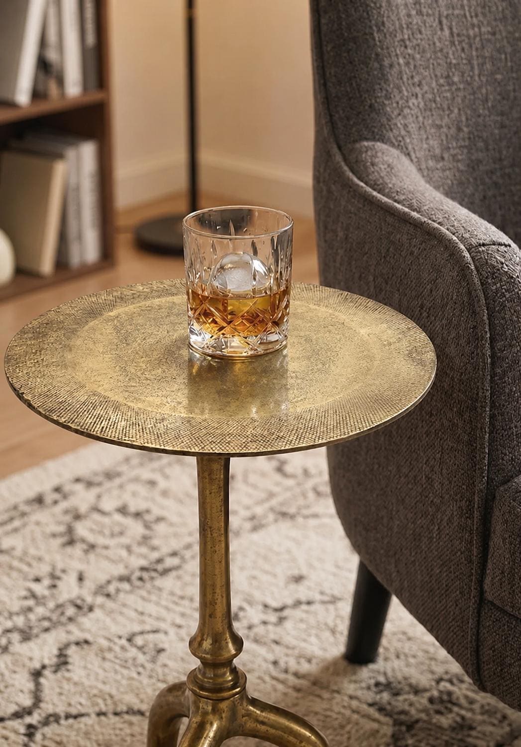 Round Brass Side Table with Lines Textured Top