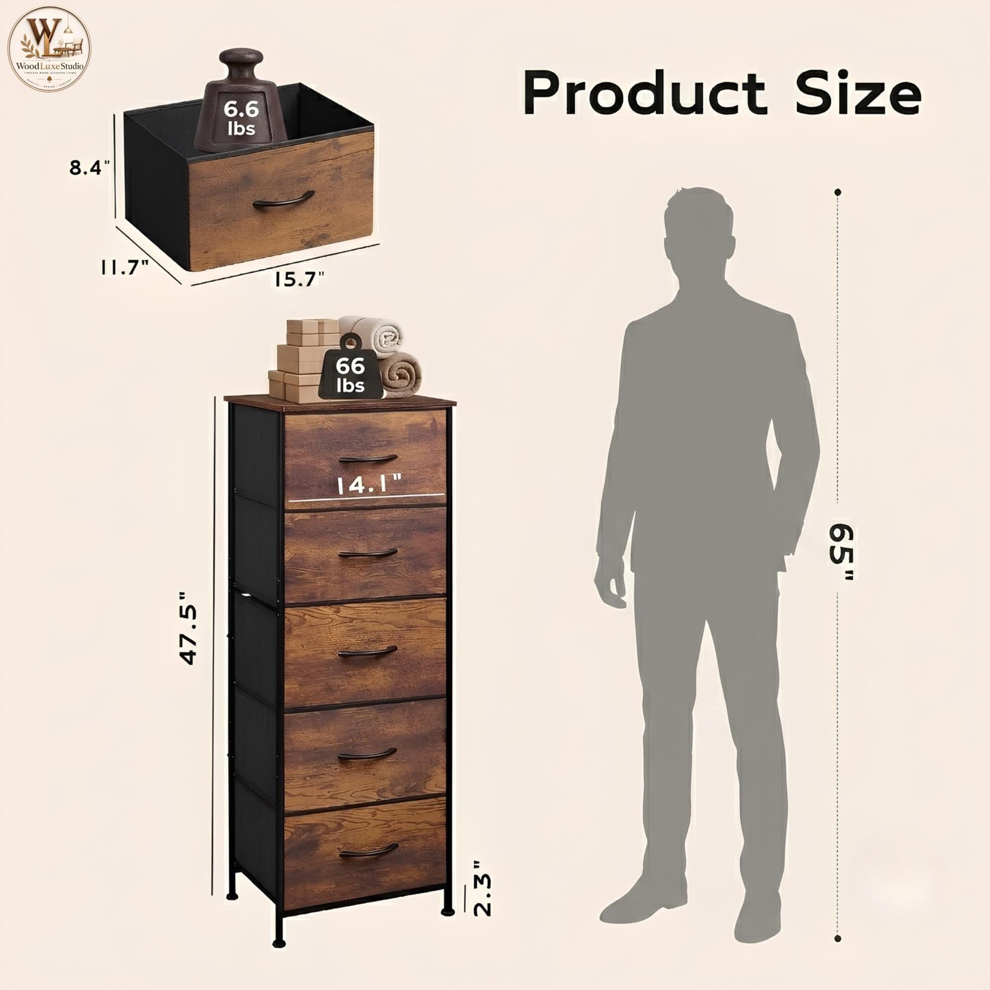 5 Drawer Tall Dresser, Slim Fabric Storage Organizer, Rustic Wood Top, Freestanding Tower